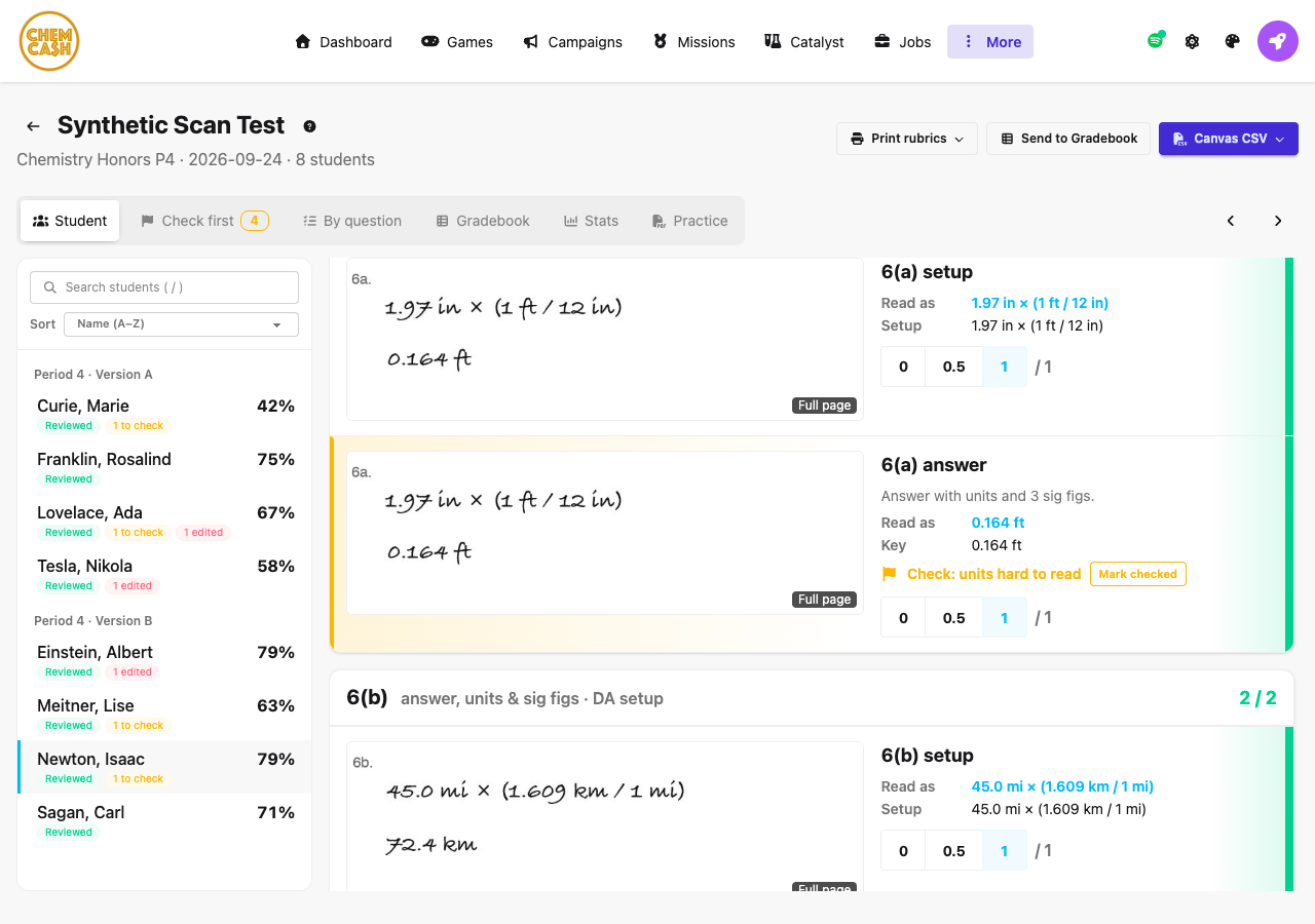 Assay: a handwritten unit-conversion answer, read and scored, flagged for the teacher to check