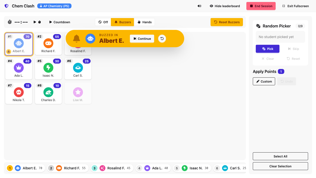 Teacher running a live Chem Clash session with team scoreboard