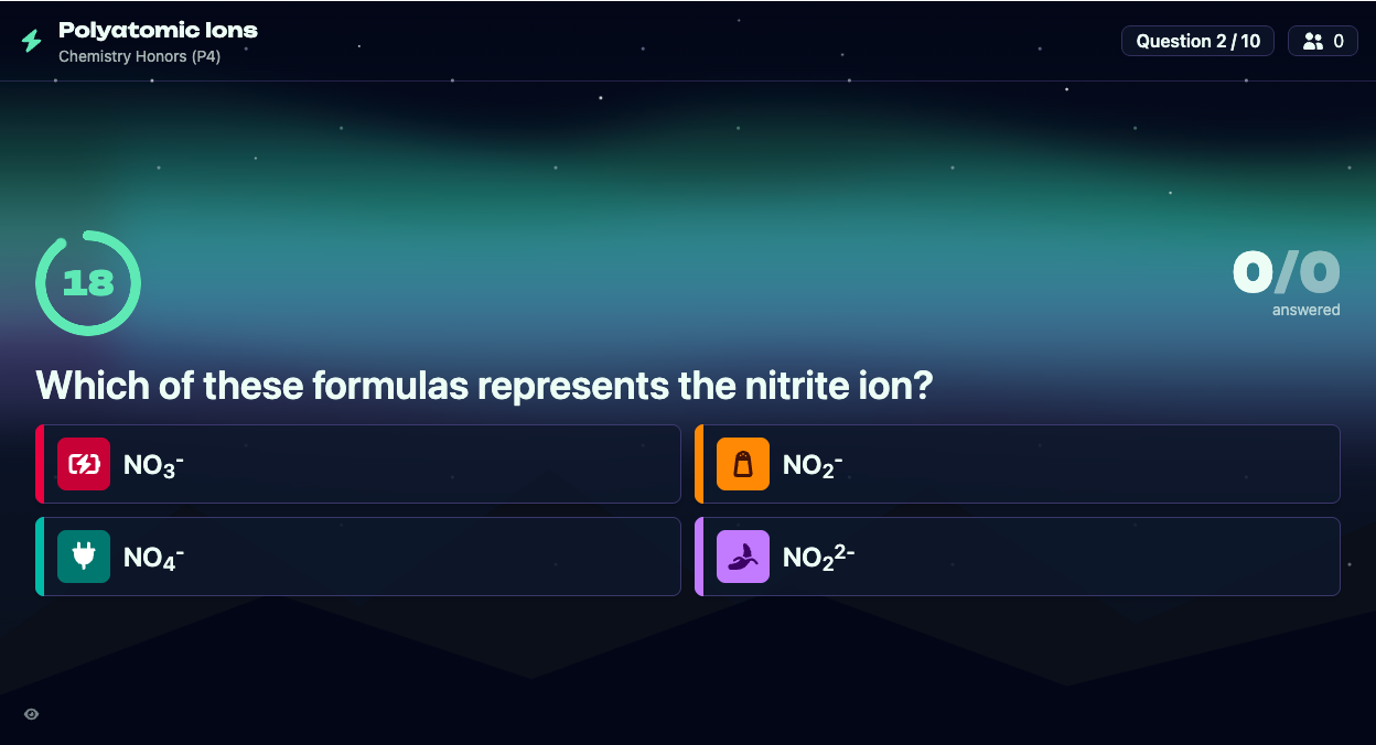 Flashpoint on the projector: a polyatomic ions question with four answer tiles and a countdown