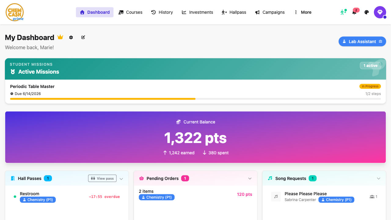 Chem Cash student dashboard showing balance and recent transactions