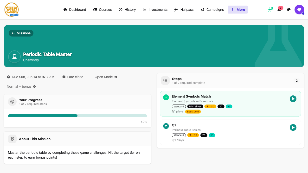 Student mission with multi-step progress and tier bonuses