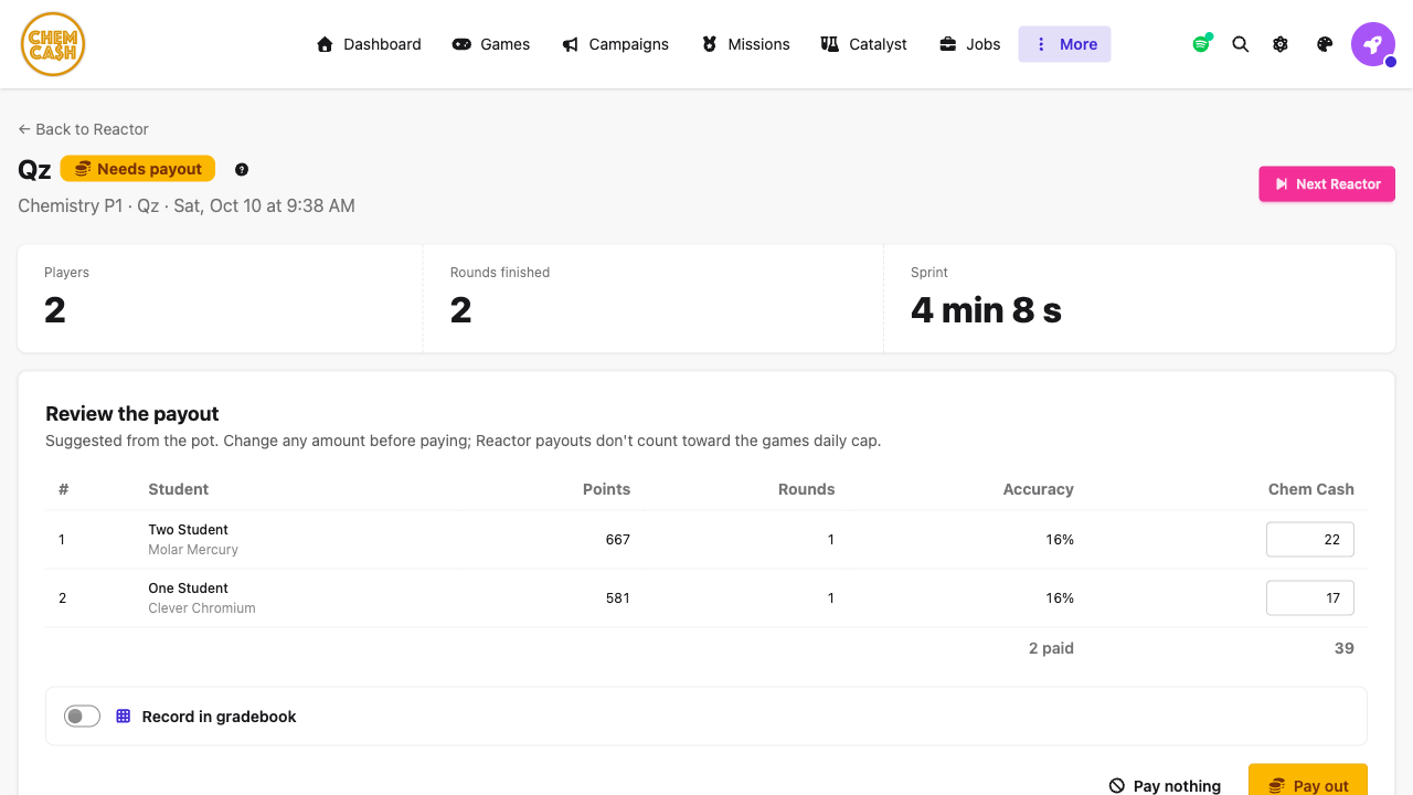 Reviewing a Reactor payout: each student's points, rounds and accuracy, with an editable Chem Cash amount