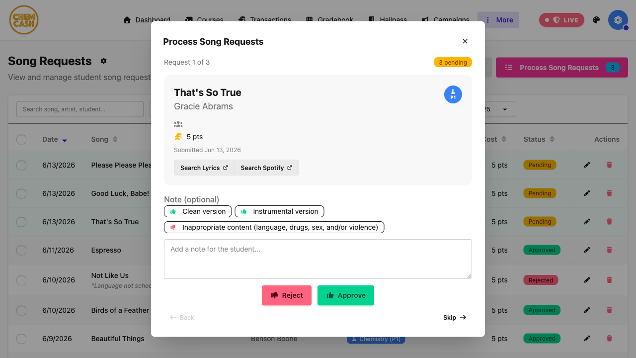Teacher approving a student song request — approve or reject one request at a time with saved message presets